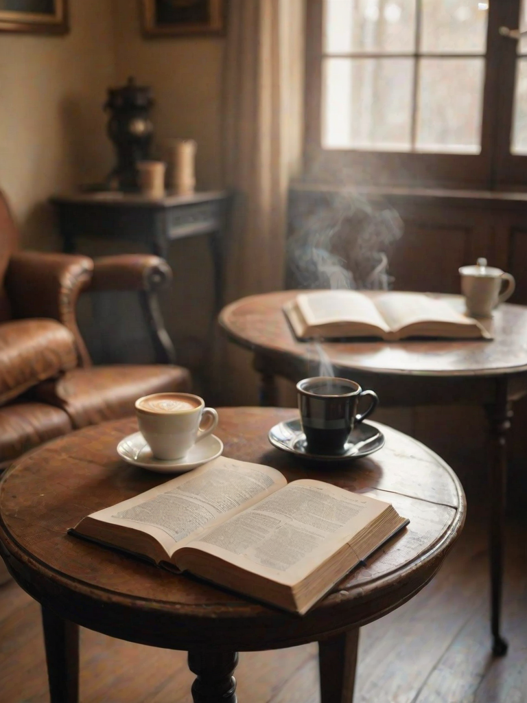 Soft-focus image of an inviting cafecorner, with an antique table, a steaming cup of coffee, and an open book resting on the surface, soft light creating a cozy atmosphere.