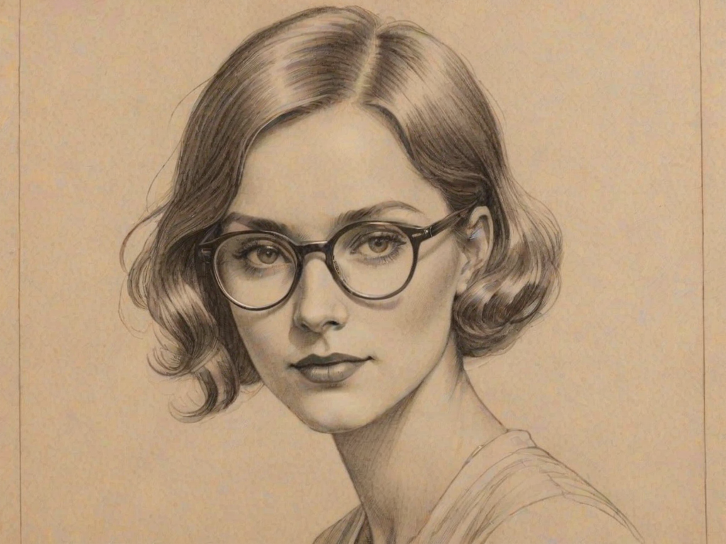 Stunning Diane Farr, pencil sketch, portrait of Charming woman 1925s in glasses, hair style beatnik, outline, clear lines, fine lines, 8k