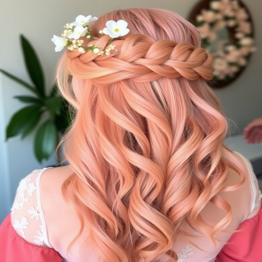 Soft peach to coral gradient named "Sunset Haze" styled in loose, romantic curls with a braided crown and delicate floral accents woven throughout