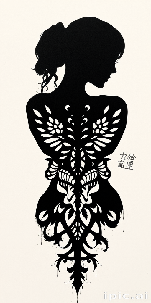 Blackout negative space tattoo called "Shadow Silhouettes" utilizing large areas of solid black ink with carefully planned negative space to reveal intricate designs within