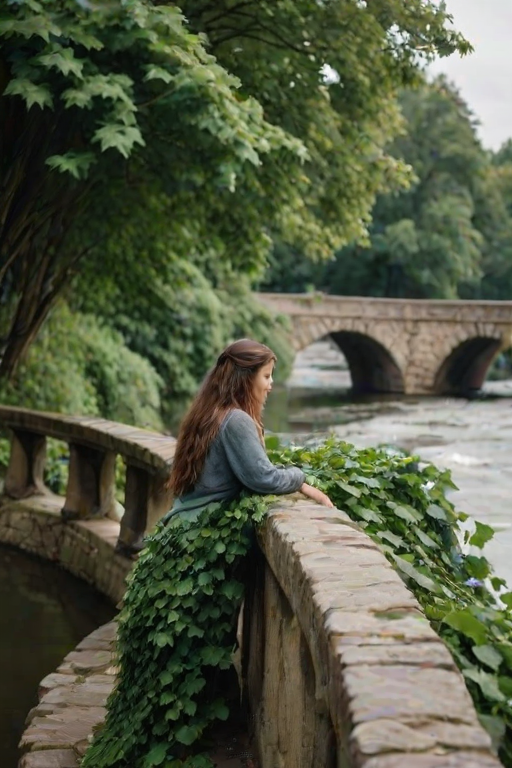 Old cobblestone bridge over a flowing river, with ivy-covered stone railings, a woman leans on the edge, gazing down at the water, her hair blowing gently in the breeze.