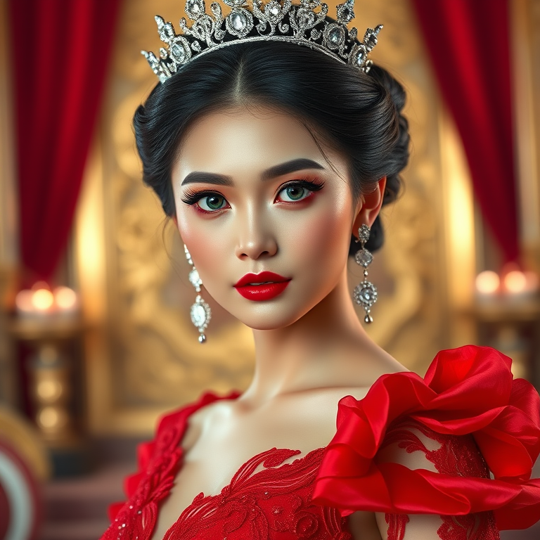 A gorgeous Vietnamese woman in a luxurious red gown, accessorized with a dazzling tiara and statement earrings, her deep cyan eyes highlighted by impeccable makeup, poised in a royal setting, photorealistic, 8K quality