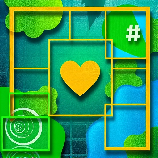 Create a vibrant digital artwork featuring various abstract shapes and frames in green and blue colors, with a heart symbol, a hashtag, and swirls, using a Canon EOS R5 with a 35mm lens, aperture f/2.8, ISO 100, and a high dynamic range style for enhanced detail and color contrast.
