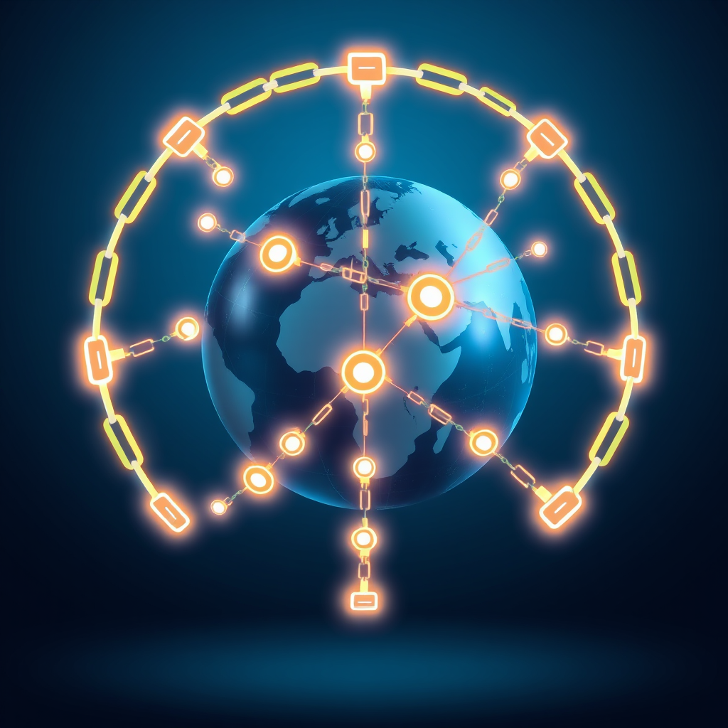Create a digital illustration of a stylized globe interconnected with glowing chains and circuit patterns, with a blue gradient background, using a Canon EOS R5, 50mm lens, f/1.8 aperture, ISO 100, shot from a straight-on view with a high dynamic range for enhanced detail.
