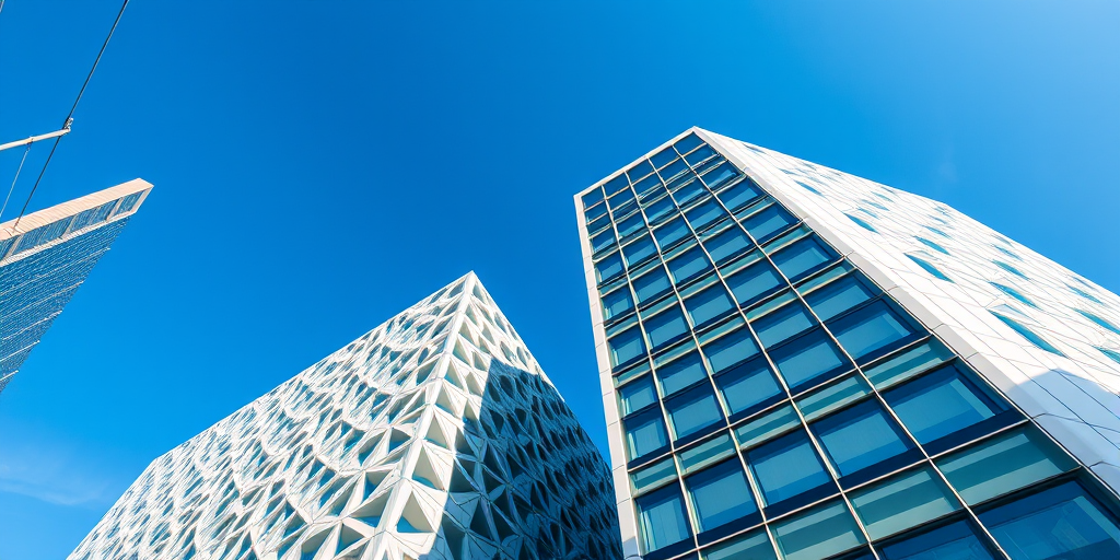 high-resolution shot of modern architectural structures with geometric patterns against a clear blue sky, taken with a Canon EOS R5, 50mm lens, aperture f/8, ISO 100, natural lighting, top-down view, HDR style
