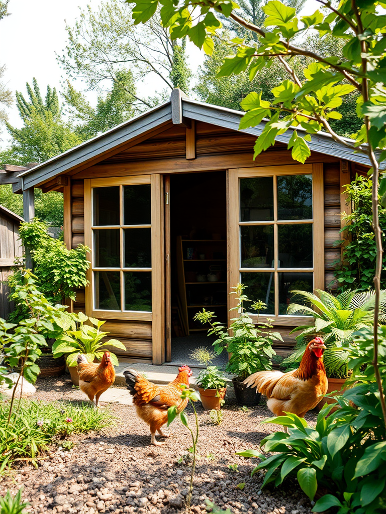 capture a detailed image of a garden shed with large windows, surrounded by greenery and a chicken nearby, taken with a DSLR camera, 24mm lens, f/5.6 aperture, ISO 200, natural lighting, wide-angle view, focus on the shed's texture and surrounding plants