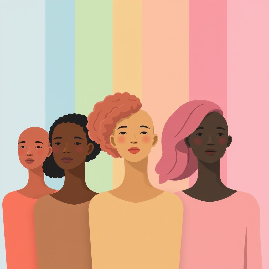 Create an illustrated image of five diverse, abstract human figures with no facial features, arranged in a line against a background with vertical color gradients of light blue, green, pink, and peach, using a digital art style; camera settings: f/5.6, ISO 100, 1/125s; camera view: wide angle; camera type: digital illustration.