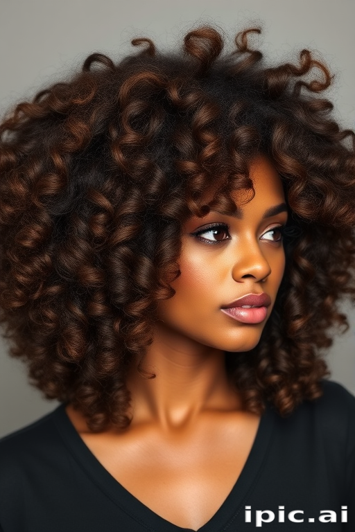Luscious chocolate brown curls styled in a voluminous afro, called "Cocoa Cloud," showcase natural texture and depth with subtle caramel highlights throughout