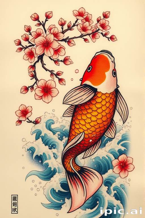 Japanese-inspired irezumi tattoo called "Koi Ascension" featuring a dynamic koi fish swimming upstream through cherry blossoms and turbulent waves, utilizing traditional techniques and vibrant colors