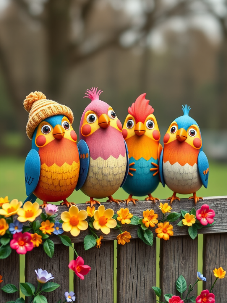 create a scene of 4 quirky  whimsical colourful comical birds each with a funny expression. they are sat on a wooden fence with colourful flowers. they are all different sizes. each one is a different colour  one is wearing a woolly hat. Each one has a different quirky google expression and there is a muted background of trees watercolour paintierly style high definition 8k resolution 3D paper mache