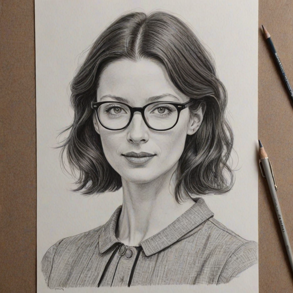 Splendid Caitriona Balfe, pencil sketch, portrait of Delightful woman 1962s in glasses, hair style beatnik, outline, clear lines, fine lines, 8k