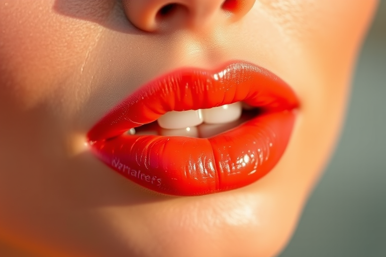 Vibrant coral "Sunset Breeze" lip color with a glossy finish, featuring subtle gold shimmer and a plumping effect, perfect for summer evenings and beach parties