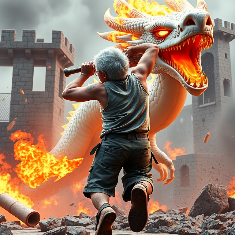 Cartoon 3D High-Resolution,dynamic battle scene using Unreal Engine 5 and Octane Render. The scene features back of an elderly, thai man with a beard,messy hair and round golden-rimmed glasses. He is wearing a tattered tank top with soot marks, shorts, and sandals. sweating. he wields a baseball bat. He jump to fight with a white fire-breathing Europe dragon amidst a partially destroyed stone castle. Include intense flames, smoke, and debris to enhance the dramatic effect.