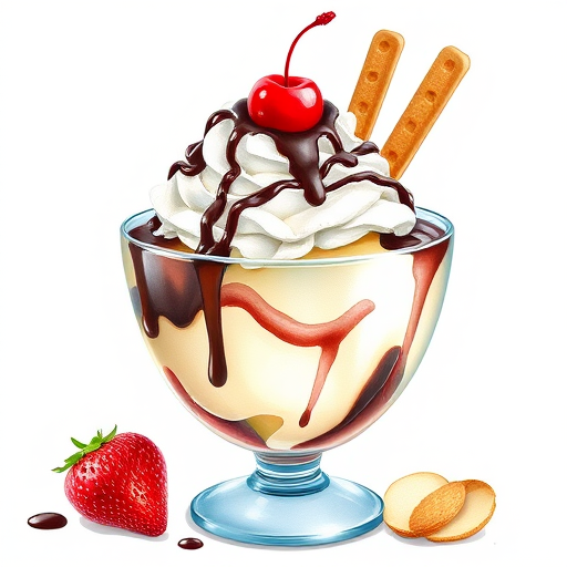 Create a highly detailed watercolor illustration of an ice cream sundae in a glass dish, topped with whipped cream, a cherry, chocolate syrup, and wafer sticks, using a DSLR camera with a 50mm lens, f/2.8 aperture, ISO 100, and a soft natural light setup.