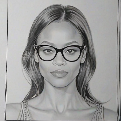Splendid Zoe Saldana, pencil sketch, portrait of Radiant woman 1961s in glasses, hair style beatnik, outline, clear lines, fine lines, 8k