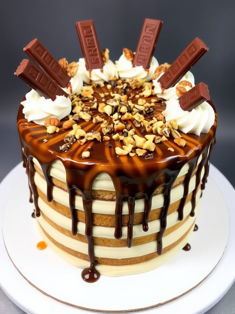 Create a mouthwatering dessert cake featuring layers of creamy frosting topped with chocolate and caramel drizzles adorned with chopped nuts and chocolate bars placed artistically around the edges showcasing a rich and indulgent appearance.