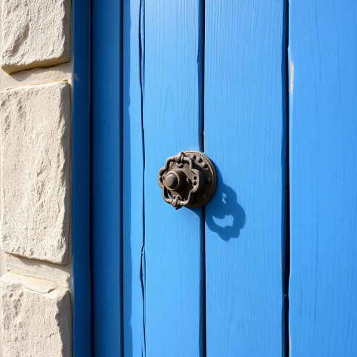 Capture a close-up image of an aged blue wooden door with a detailed metal knocker and stone wall elements, using a DSLR camera at f/4 aperture, ISO 200, shutter speed 1/125s, in natural light to enhance textures and colors.