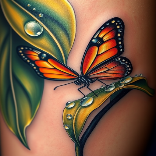 Realistic 3D tattoo illustrating a hyperrealistic butterfly perched on a dewdrop-covered leaf, lifelike details and shading creating an illusion of depth, vibrant colors bringing the scene to life