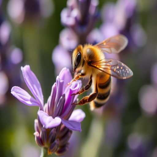 Sharp, detailed close-up of a honeybee collecting nectar from a lavender flower, soft sunlight reflecting off its wings, with tiny details of pollen clinging to the bee's legs.