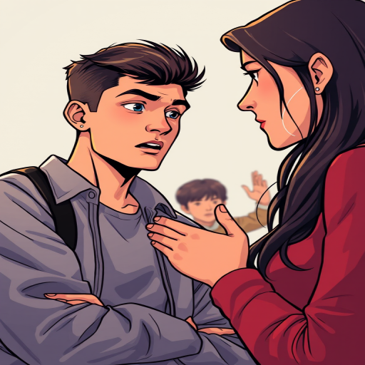 A digital illustration of a heated conversation between a young man and woman, focus on their facial expressions and body language, soft lighting, high saturation colors, 50mm lens, f/2.8 aperture, ISO 100, captured from eye level perspective, enhance with a crisp comic style and smooth gradients.