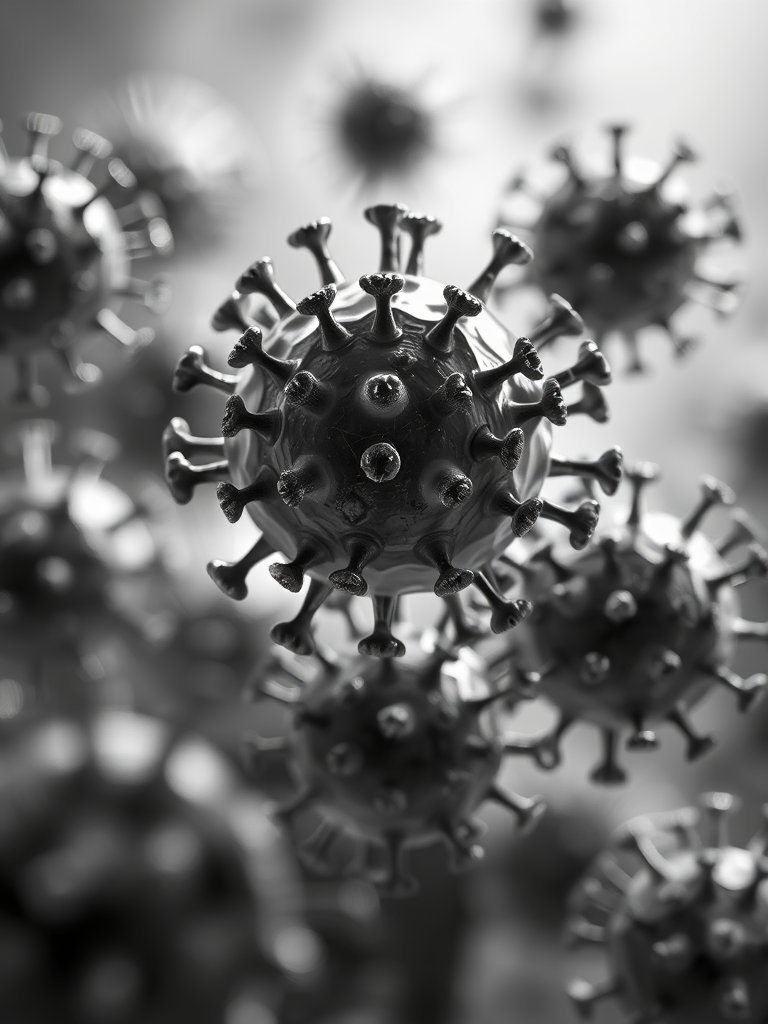 close-up view of detailed 3D virus models in a monochromatic setting, high dynamic range, f/2.8 aperture, ISO 100, 50mm lens, shallow depth of field, soft focus background, studio lighting
