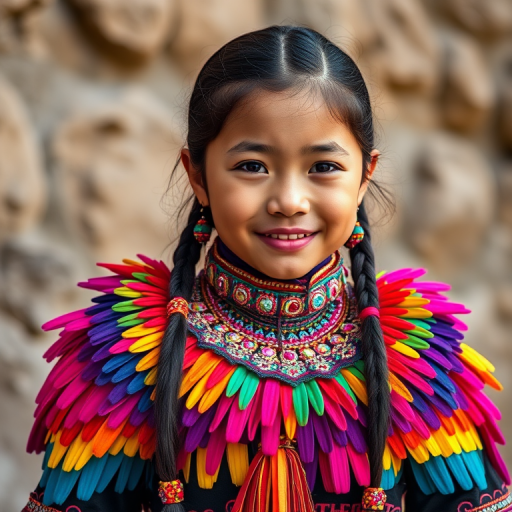 A beautiful Quechua girl, wearing colorful bird clothing with vibrant colors