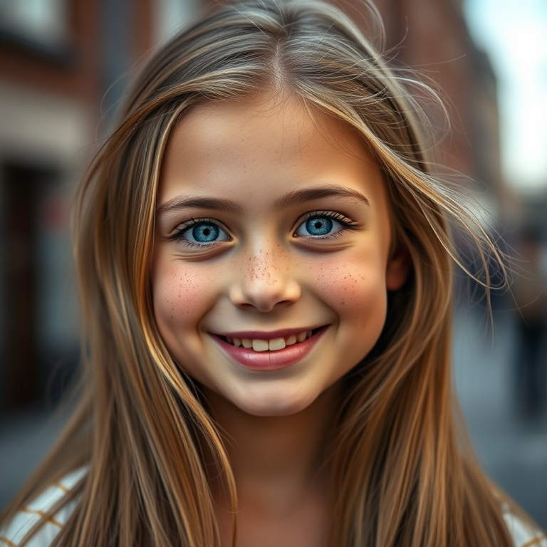 Create a portrait of a smiling young girl with long, flowing hair, freckles, and vibrant blue eyes, set in an urban background with soft bokeh, using a Canon EOS R5, 85mm f/1.2 lens, aperture set to f/1.2, ISO 100, shutter speed 1/200, natural daylight.