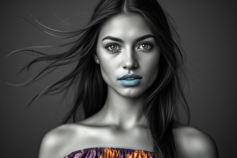 Photographic image of a beautiful young Guarani woman, white eyes, lips with cyan lipstick, long hair fluttering in the wind and wearing a silk strapless dress with a soft purple and orange print. monochrome image with only color highlights in the iris of the eyes, lipstick and dress. Gray background.