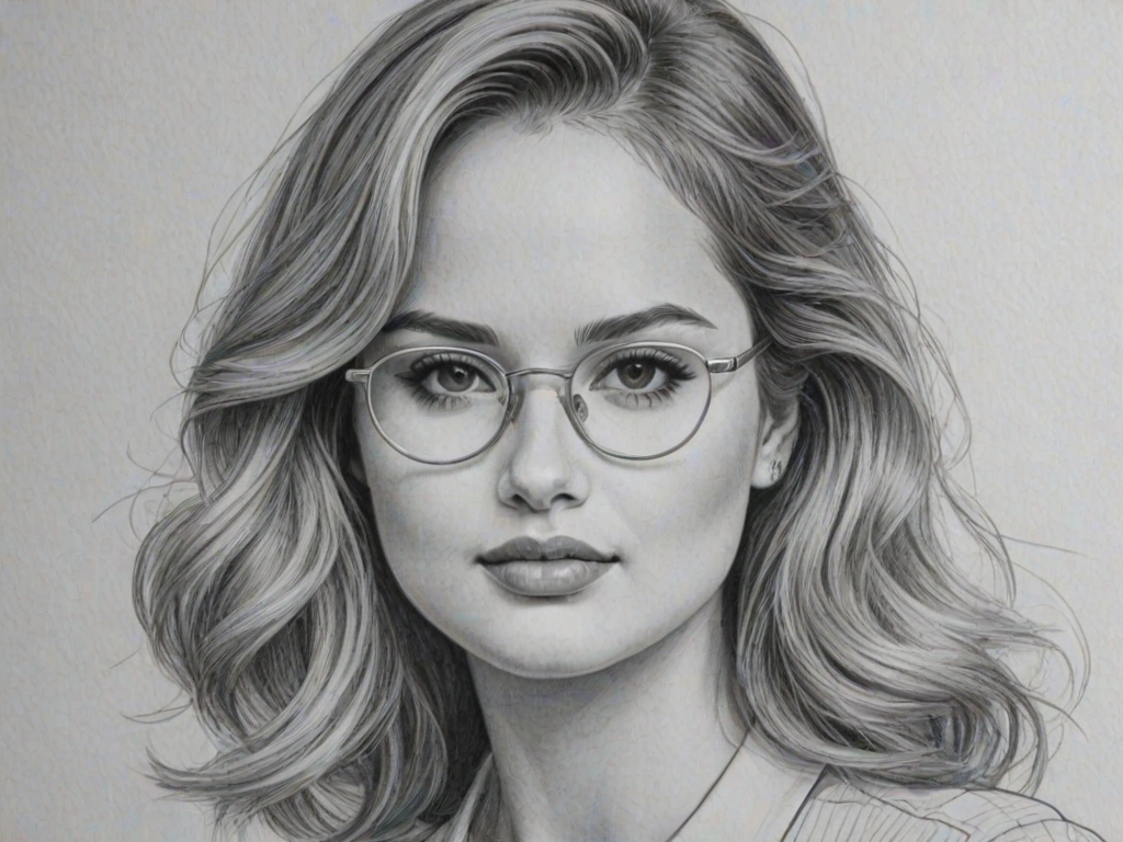 Graceful Debby Ryan, pencil sketch, portrait of Graceful woman 1942s in glasses, hair style beatnik, outline, clear lines, fine lines, 8k