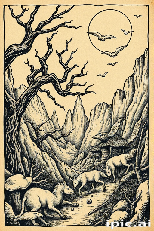 Woodcut-style "Mythic Legends" tattoo illustration depicting ancient folklore and mythological scenes with distinctive crosshatching and etching techniques creating a timeless and rustic appearance