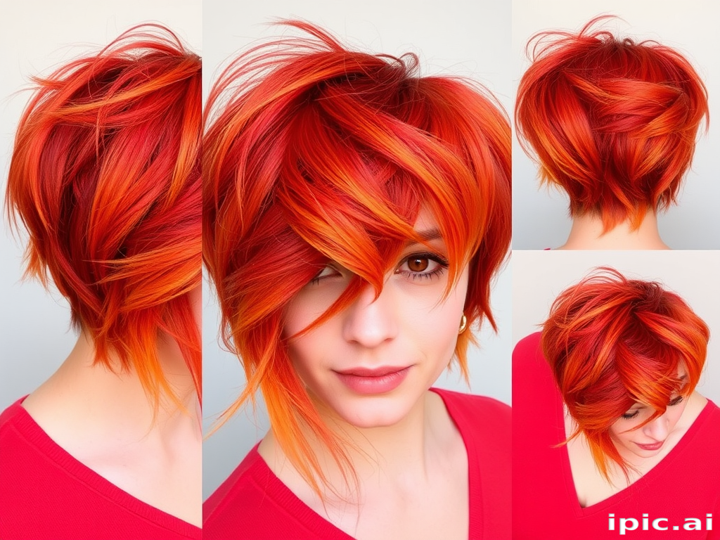 Fiery Phoenix Feathers style incorporating vibrant shades of red, orange, and yellow in a layered, feathered cut with wispy, face-framing tendrils