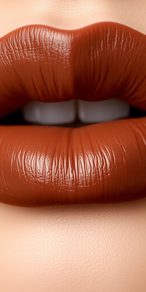 Chocolate brown lips with a creamy satin texture, dubbed "Mocha Delight," offering rich pigmentation and a subtle coffee-inspired scent