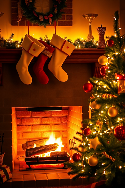 Warmly lit photo of a cozy fireplace with stockings hanging above, soft glow of flames casting warm light on a nearby Christmas tree decorated with twinkling lights.