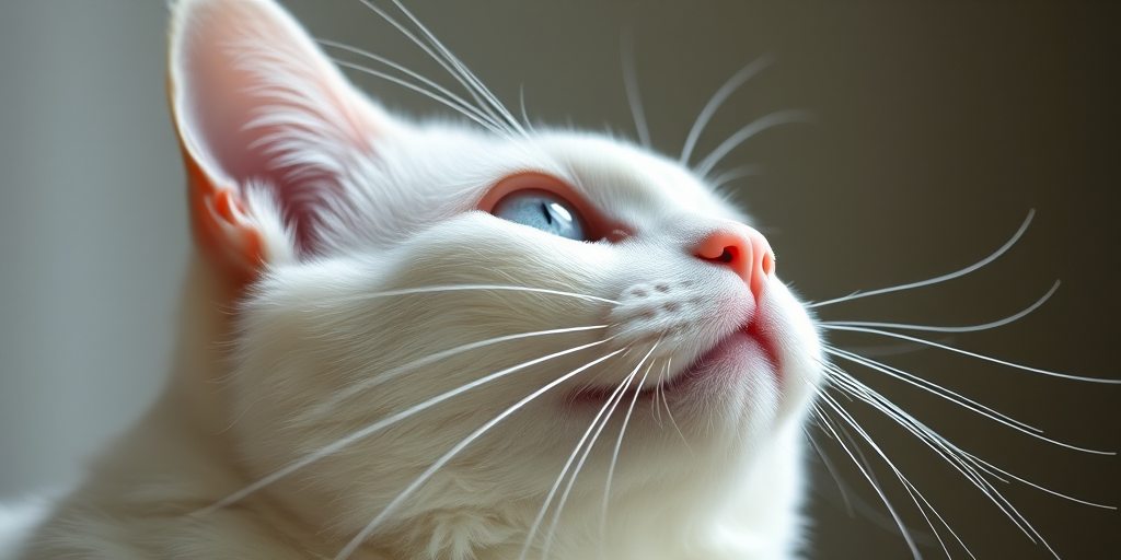 regenerate an image of a white cat with blue eyes gazing upward, focusing on its profile and whiskers