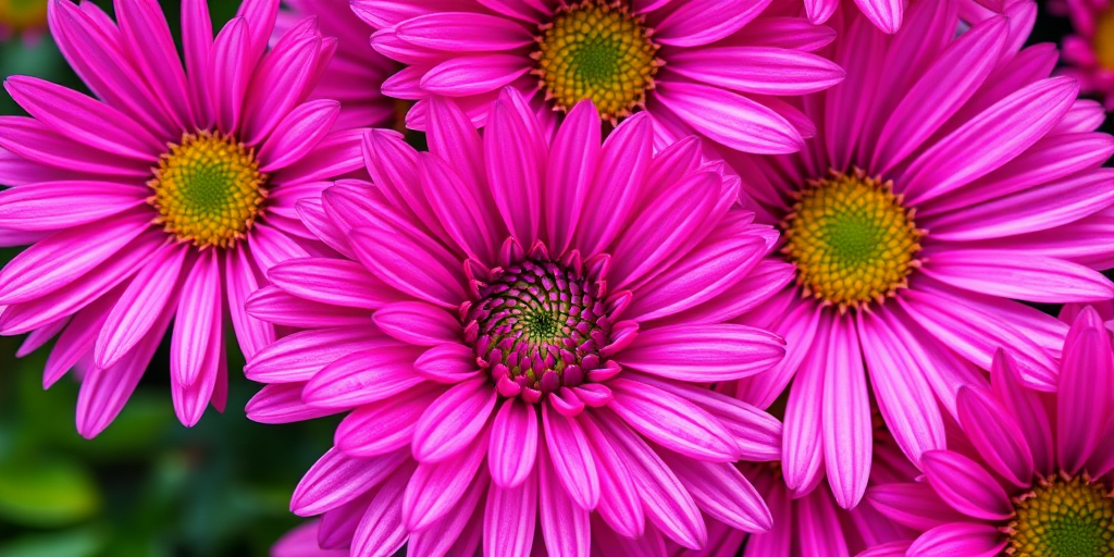 High-resolution close-up of vibrant pink daisies in a spiral pattern, aperture f/2.8 for shallow depth of field, shutter speed 1/1000 sec, ISO 200, captured with a DSLR camera using a macro lens, natural lighting, vivid colors and sharp details.