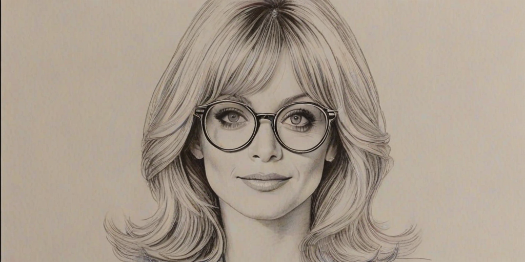 Appealing Goldie Hawn, pencil sketch, portrait of Splendid woman 1973s in glasses, hair style beatnik, outline, clear lines, fine lines, 8k