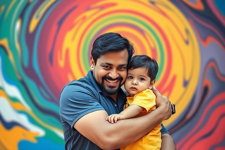 Create a vibrant portrait of a father and child embracing, with abstract swirling patterns in the background, using a DSLR camera with a 50mm lens, f/1.8 aperture, ISO 100, and natural lighting for enhanced color saturation and depth.