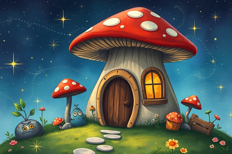 create illustration of a mushroom house with a door and a window, a storybook , fantasy art, mushroom house, bg starry sky, sparkles