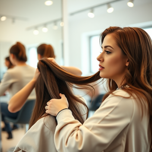 portrait of a hair stylist cutting a woman's hair in a bright salon interior with a large mirror soft natural lighting f/2.8 1/125s ISO 200 50mm lens DSLR camera