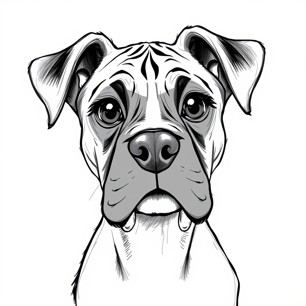 A doodle style pencil sketch illustration of a beautiful young Boxer dog, with large eyes and exaggerated facial features. White background