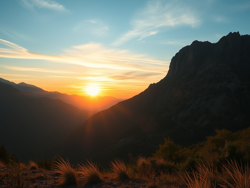 Create a high-resolution image of a scenic landscape featuring mountains and a vibrant sunset in the background, using a DSLR camera, 35mm lens, f/8 aperture, ISO 100, and a view from a low angle to accentuate the foreground details.