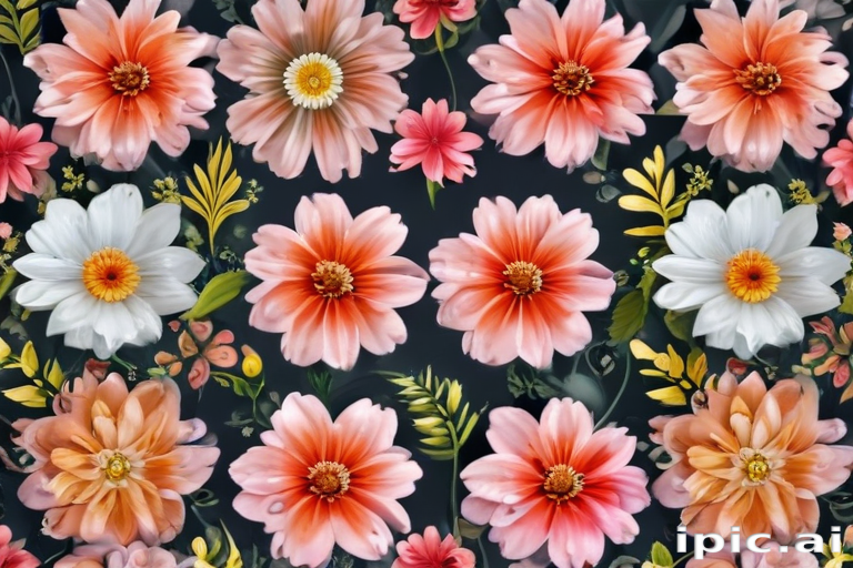 Vibrant Floral Pattern Featuring Diverse Blossoms Against a Dark Background