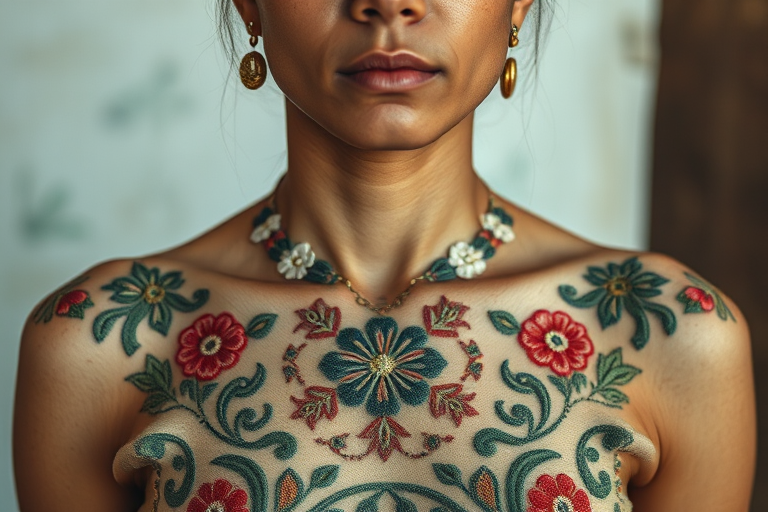 Face, shoulders, chest covered in openwork Inca embroidery. Raw, unedited image.