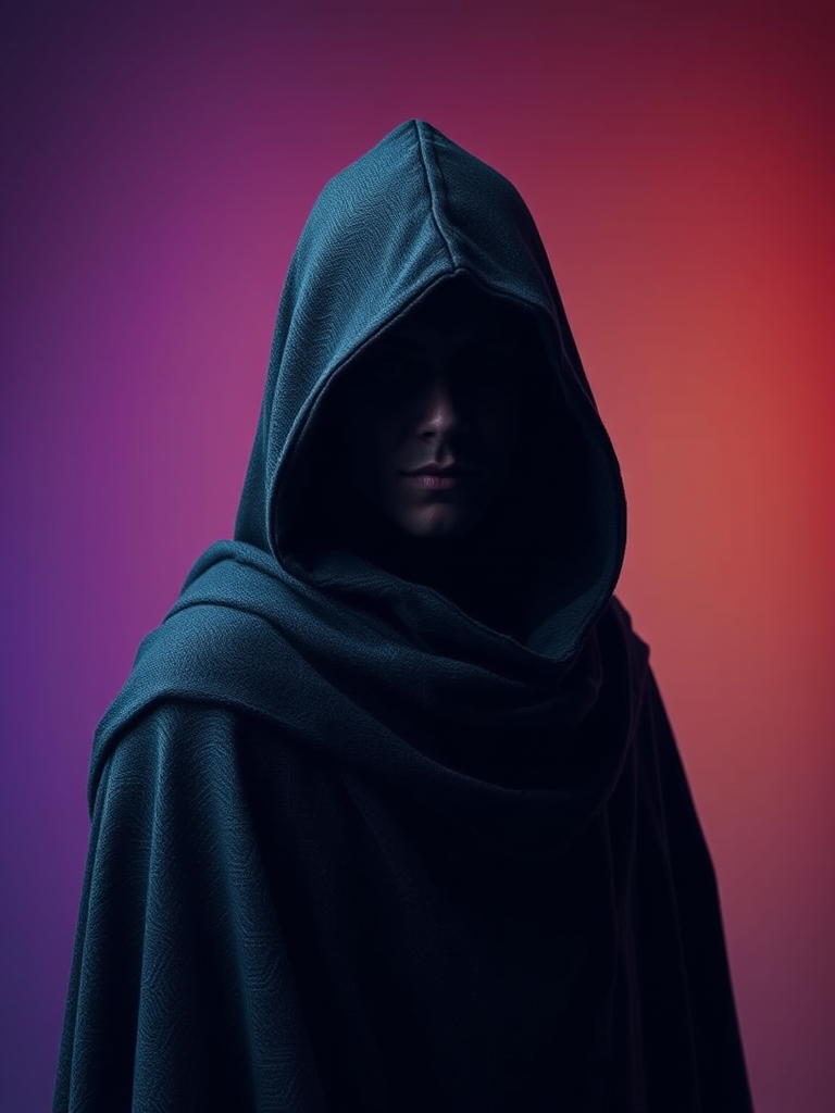 Create an image of a hooded figure with a dark, textured cloak, set against a gradient background of vibrant colors, captured using a Canon EOS 5D Mark IV with a 50mm f/1.2 lens at f/1.2, ISO 100, and a shutter speed of 1/200s in portrait orientation.