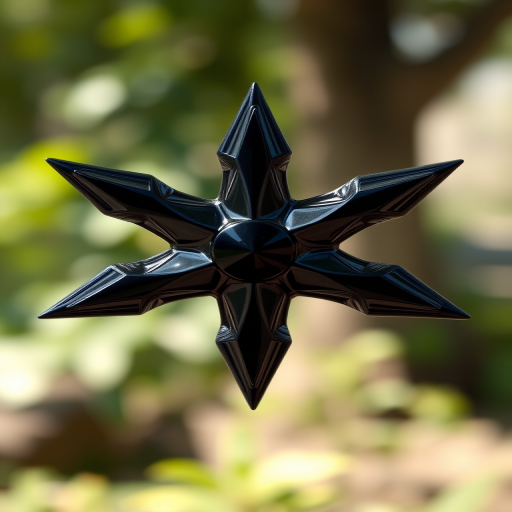 Create a high-resolution image of a black ninja star symbol with a glossy finish, using a DSLR camera with a 50mm lens, f/1.8 aperture, ISO 100, shot in natural light from a front angle, with a blurred background for emphasis.
