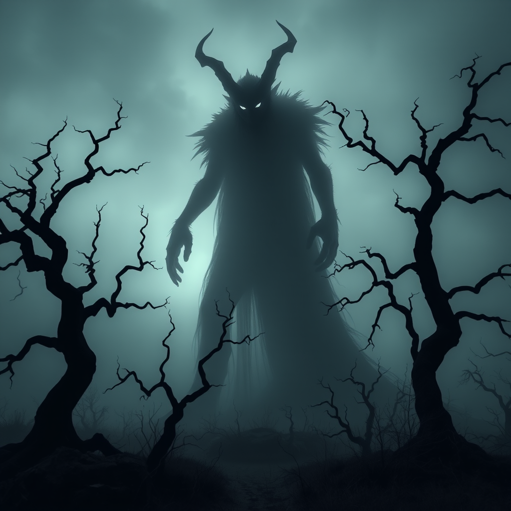 create a dark fantasy scene featuring a towering shadowy creature with glowing eyes, amidst a misty, eerie landscape with twisted trees, captured using a Canon EOS R5, 24mm lens, f/2.8 aperture, ISO 400, at a low angle to emphasize the creature's size and power, with a moody, desaturated color palette for dramatic effect.