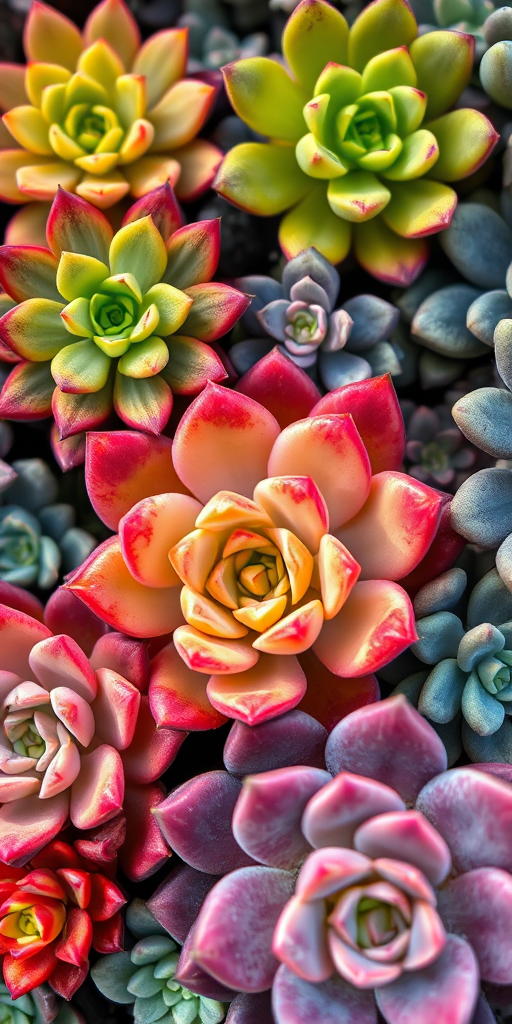 close-up shot of various succulent plants with vibrant colors and textures, natural lighting, shallow depth of field, 50mm lens, f/2.8 aperture, ISO 100, taken with a DSLR camera from a top-down perspective