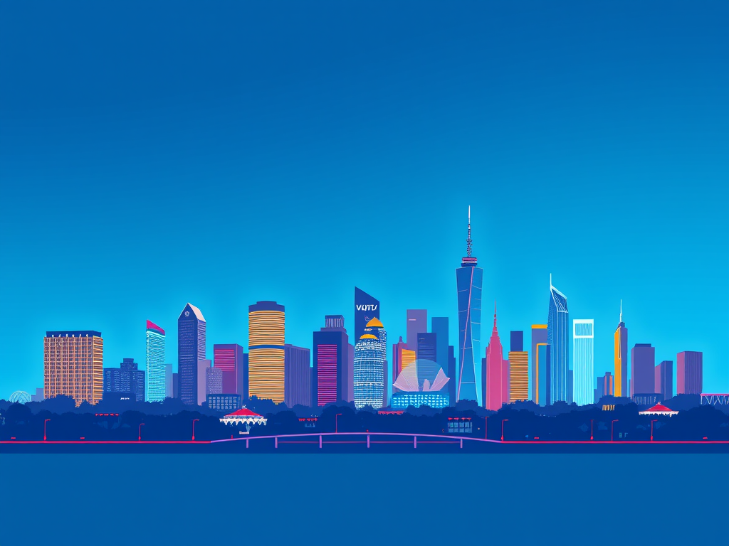 Generate a vibrant vector illustration of a modern city skyline with a blue gradient background, using a Canon EOS R5 camera with a 50mm lens at f/8, ISO 100, and a panoramic view for enhanced clarity and detail.