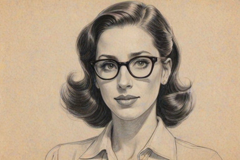 Pleasing Catherine Reitman, pencil sketch, portrait of Bewitching woman 1938s in glasses, hair style beatnik, outline, clear lines, fine lines, 8k