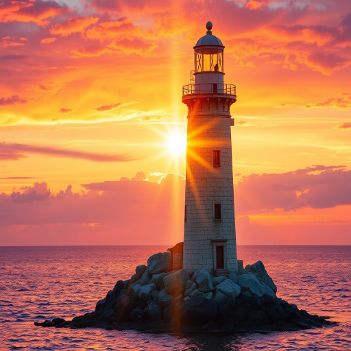 Generate an image of a tall lighthouse perched on a rocky outcrop surrounded by calm ocean waters during a breathtaking sunset. The lighthouse stands sturdy and weathered, its stone surface illuminated by the warm golden light of the setting sun. The sun's rays pass directly through the glass lantern room at the top of the lighthouse, casting a brilliant light across the scene. The sky is painted with vibrant shades of orange, pink, and purple, reflecting off the tranquil sea. The surrounding water shimmers with the same warm hues, creating a serene and majestic atmosphere.